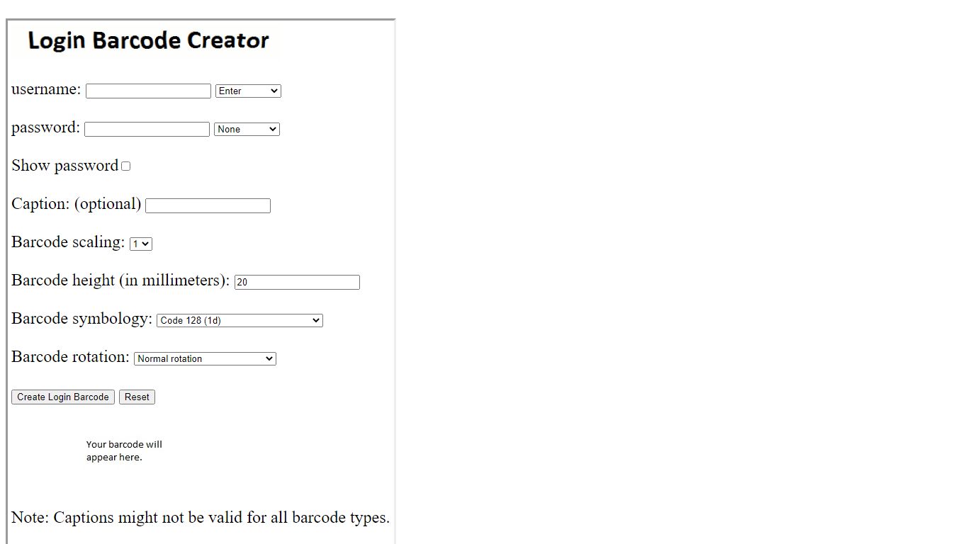 Login Barcode Creator - Freeyellow